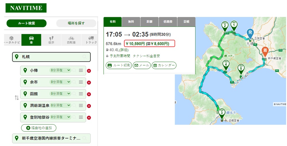 Example Route driving for multiple stops in the Hokkaido west side could cost you the Toll Fee of ¥10590